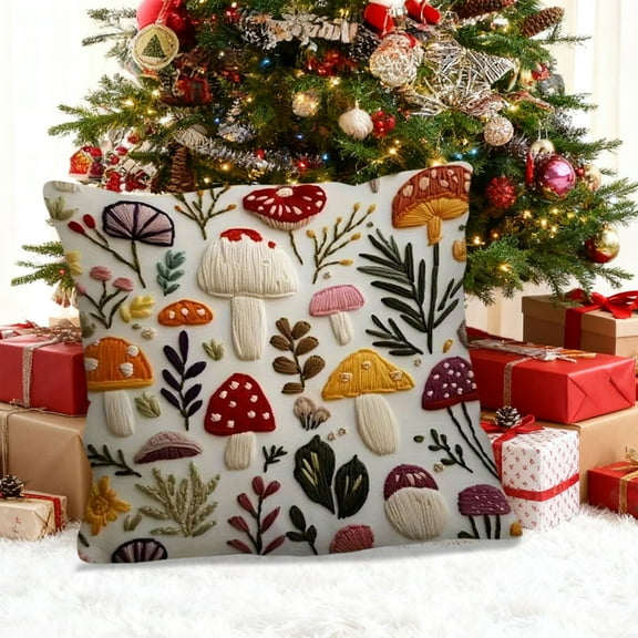 Fwttom Pillow Covers 18x18, Short Lint Throw Pillow Covers with Cute Mushroom Patterns, Linen Pillow Cases for Couch Home Decor Holiday Gifts
