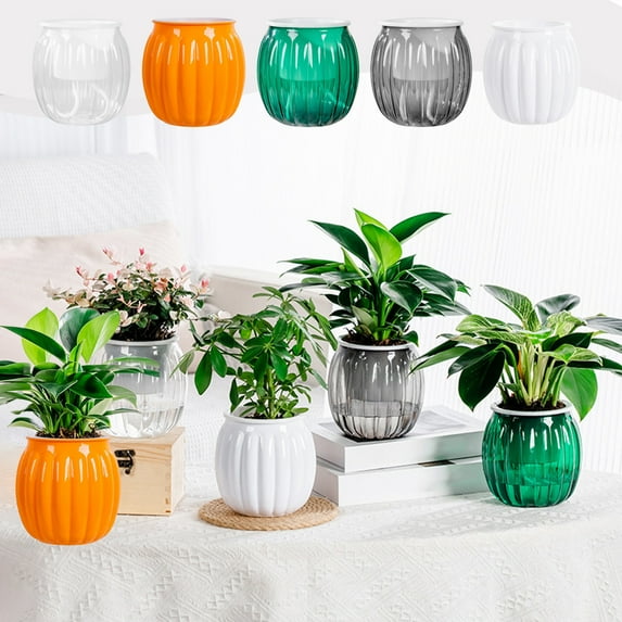 Fwttom Plant Pots, Plastic Self Watering Pots for Indoor Plants, Pumpkin Shaped Planter Container for Windowsill Balcony Home Decoration, Orange
