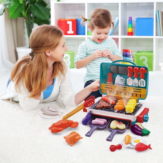 Fwttom Play Kitchen Accessories, Realistic Barbecue Grill Toy Kitchen Sets with Spray Light Sound & Color Changing, Kids Play Kitchen Cooking Set for Holiday Gifts & Play Games