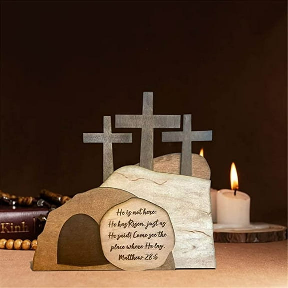 Fwttom Religious Easter Decorations, He is Risen Empty Tomb Scene Wooden Easter Desktop Ornaments
