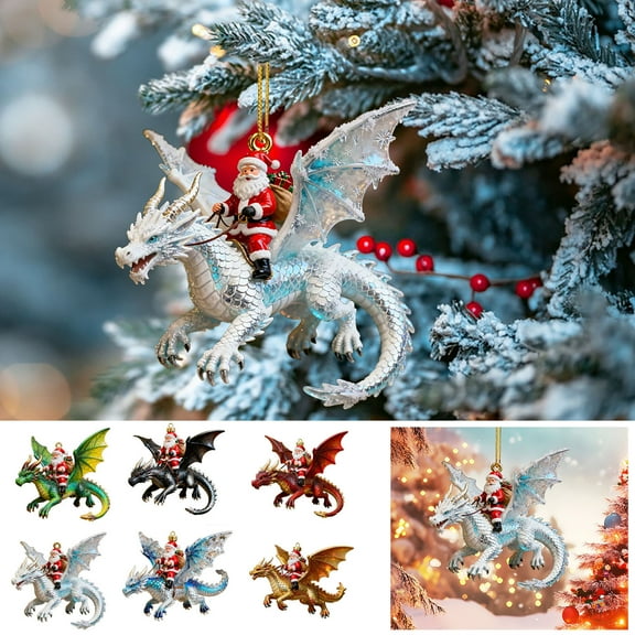 Fwttom Santa Claus Riding Dragon Christmas Decorations - 2D Flat Acrylic Hanging Christmas Ornaments, Holiday Party Garland Wreath Rattan Xmas Tree Decor