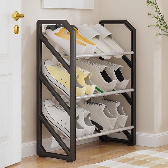 Fwttom Shoe Rack for Entryway, Assembly-Free Layered Shoe Rack, Shoe Organizer with 3 Tiers Metal Shelves, Shoe Rack for Closet Bedroom Entry Dorm Room