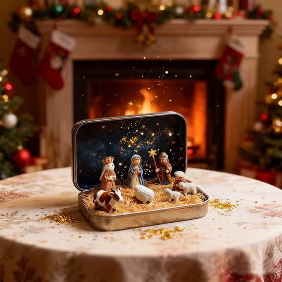 Fwttom Small Nativity Set & Figures Portable Tin Box Nativity Scene Miniature Model Indoor Tabletop Religious Christmas Easter Decor, 3.5" x 2.5"