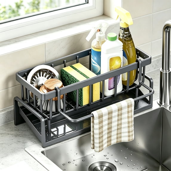 Fwttom Sponge Holder for Kitchen Sink, Washable Rustproof Sink Caddy Organizer Brush Sink Sponge with Auto Draining Tray, Hanging Rod, No Slip, 9.05"