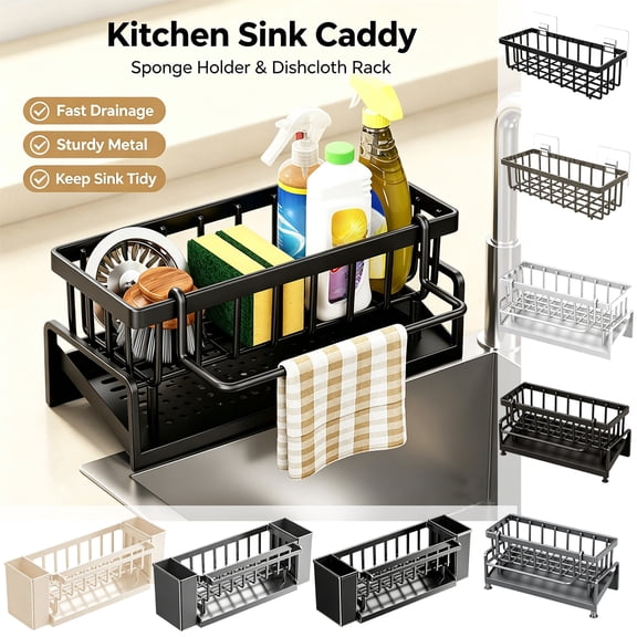 Fwttom Sponge Holder for Kitchen Sink, Washable Rustproof Sink Caddy Organizer Brush Sink Sponge with Auto Draining Tray, Hanging Rod, No Slip, 9.05"