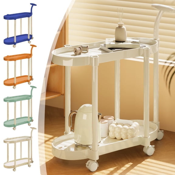 Fwttom Utility Carts With Wheels, 2-Tier Spacious Storage Shelves Rolling Cart for Small Spaces, Cream Colored Rolling Side Table for Bedroom Nightstand Living Room