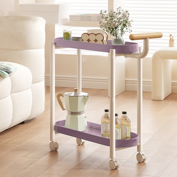 Fwttom Utility Carts With Wheels, 2-Tier Spacious Storage Shelves Rolling Cart, Cream Colored Storage Cart Rolling Side Table for Bedroom Nightstand Living Room, Purple