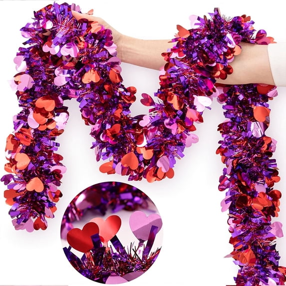 Fwttom Valentines Day Tinsel Garland - Romantic Hearts Tinsel Twist Shiny Valentines Day Decorations, 16.4 ft