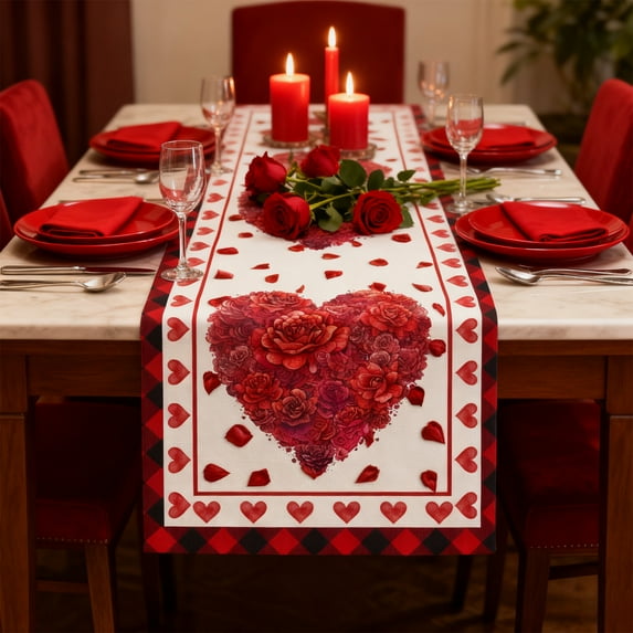 Fwttom Valentines Table Runner, Table Runners with Heart-shaped & Red Rose Printed, Holiday Table Decoration for Valentines Day & Anniversary Restaurant Setting, 71 x 12.9 inches