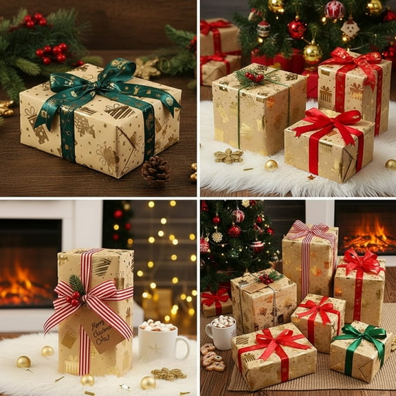 Fwttom Wrapping Paper Christmas Collection - Gold Foil Holiday Packaging with Santa Snowflake Designs for Special Gifts and Seasonal Parties