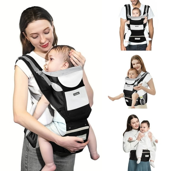 Fxcoia Baby Carrier with Hip Seat, 6-in-1 Adjustable Ergonomic Holder for Newborns and Toddlers, Black