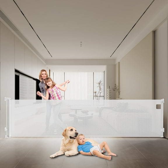 "Fxcoia Retractable Baby Gate, 71"" Wide x 38"" Tall, Safety Mesh Dog Gate for Doorways and Stairs, White"