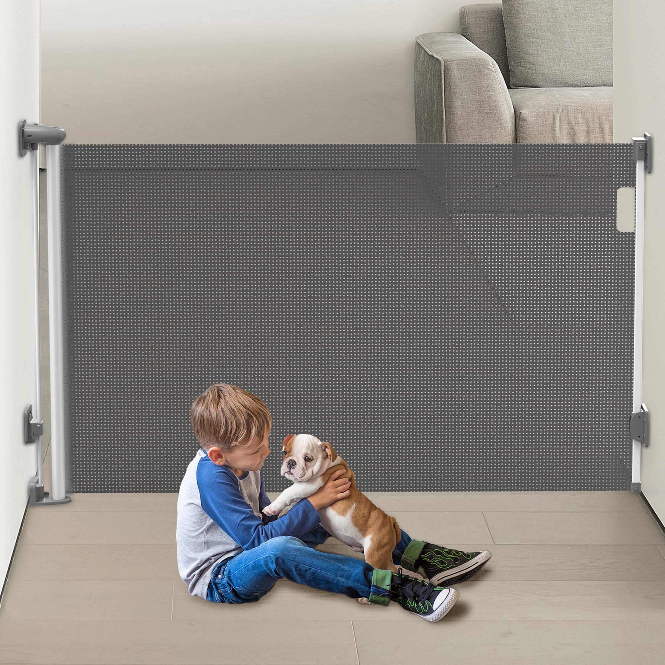 Fxcoia Retractable Gate,Mesh Dog Baby Gates for Doorways & Stairs Extends to 59" Wide 34" Tall Gray