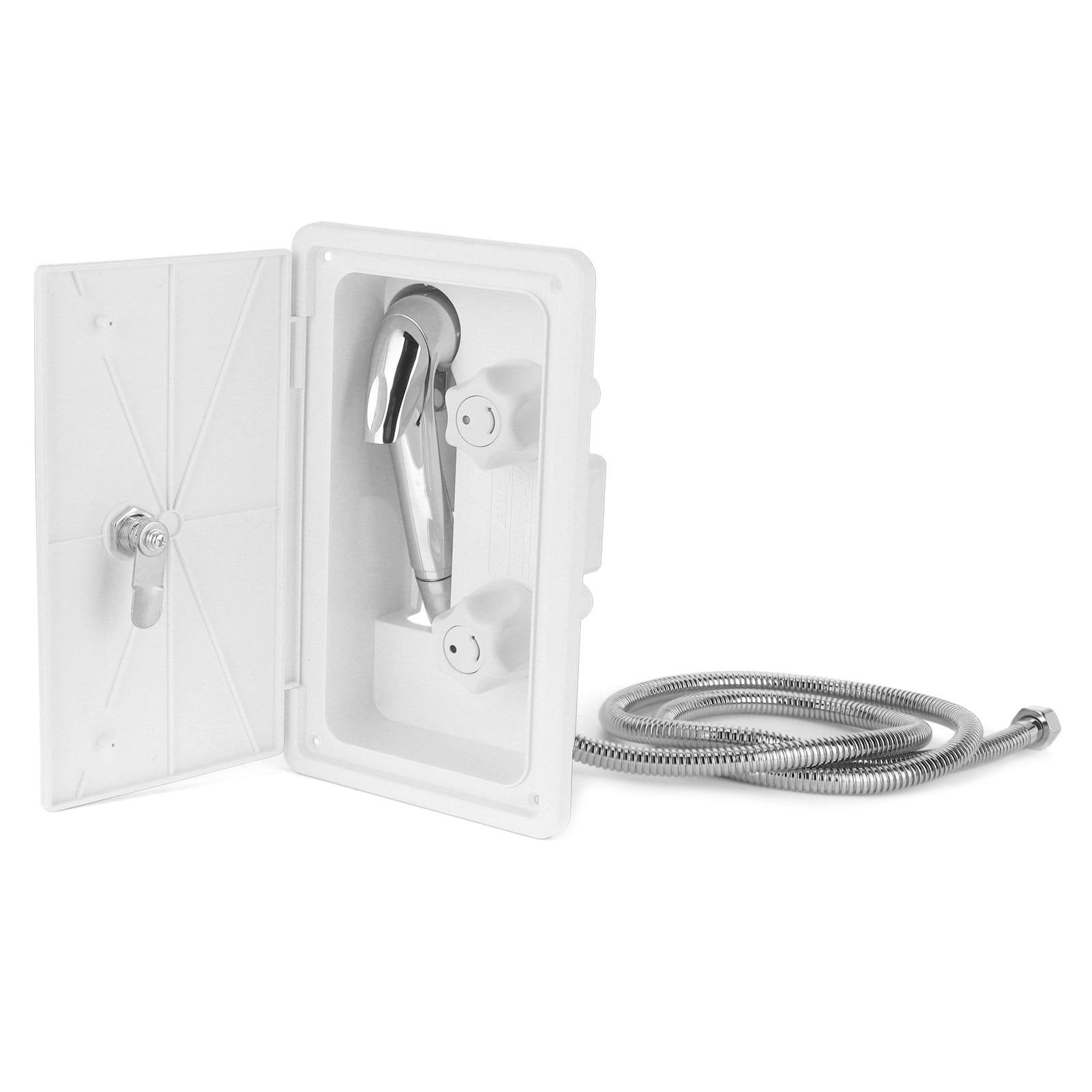 Fydun RV Exterior Shower Box Kit White Shower Box Dual Valve Double