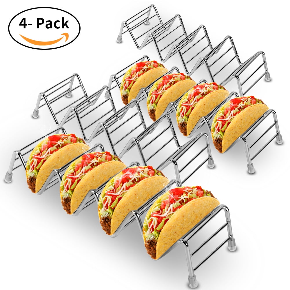 Fyearfly Taco Holders set of 4,Stainless Steel Taco Shell Holder Stand,Taco Tray Plates for Taco Bar Gifts Accessories,Holds 5 Tacos Each,Oven Safe for Baking, Dishwa sher and Grill Safe