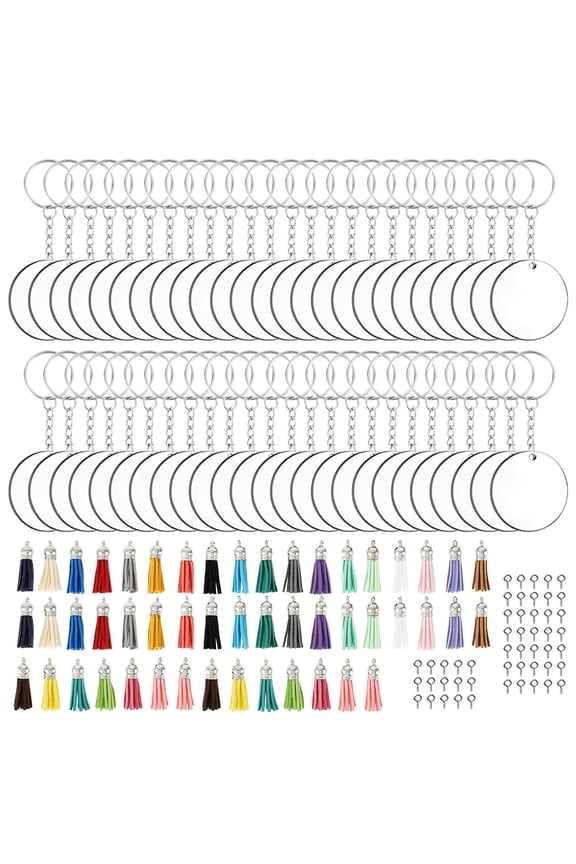 Fyeme 250 Pcs Acrylic Transparent Circle Blanks Set with Acrylic Circle Disc, Acrylic Keychain Blanks Acrylic Keyring Tassels Set for Diy Keychain Crafting