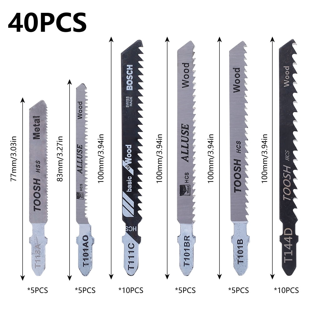 Fyeme 40Pcs Jigsaw Blades Assorted T-Shape Shank Jig Saw Blade Set Cutting Wood Plastic Fit for Bosch Compatible with Black Decker Work with DEWALT and More T101B T144D T118A T101A0 T111C T101BR