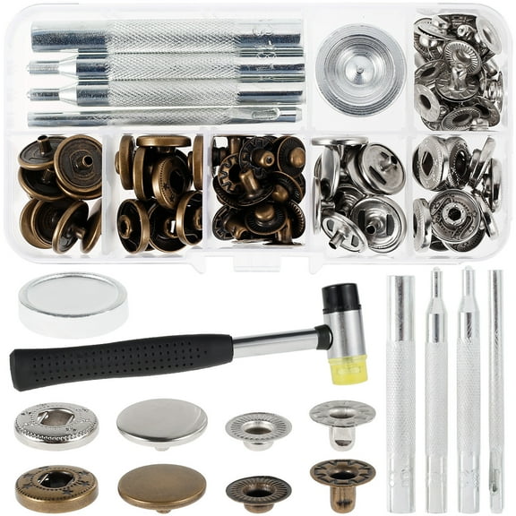 Fyeme 87pcs Leather Snaps Fasteners Kit 15mm Metal Button Snaps Press Studs with 4 Installation Tools 1 Hammer 2 Color Silver Bronze Screw Snaps for Jackets Bracelets DIY Leather Craft Project