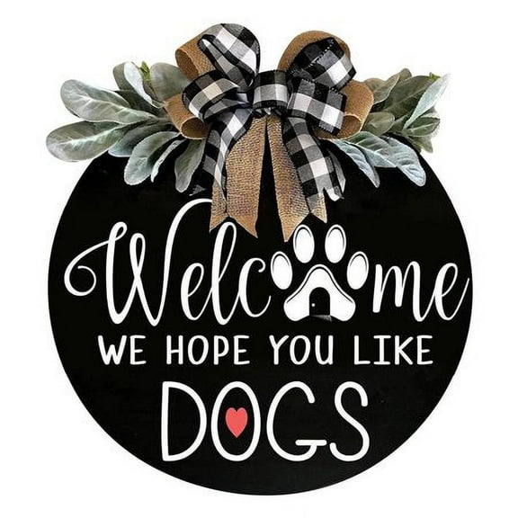 Fyeme Welcome Wreath Sign for Farmhouse Front Porch Decor - We Hope You Like Dogs/Cats-Round Wooden Welcome Sign - Gift for Housewarming