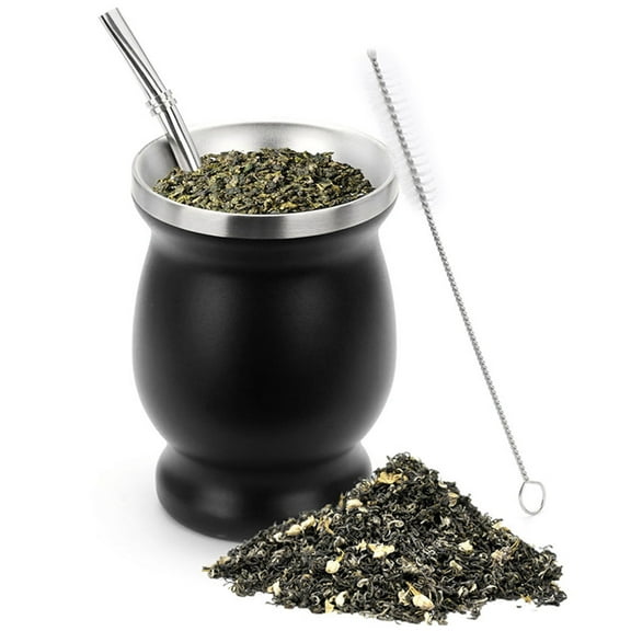 Fyeme Yerba Mate Cup 230ml Yerba Mate Gourd Stainless Steel Tea Cup with One Spoon and Brush, 8oz Heat Insulation Anti Scalding Mate Cup and Bombilla Set