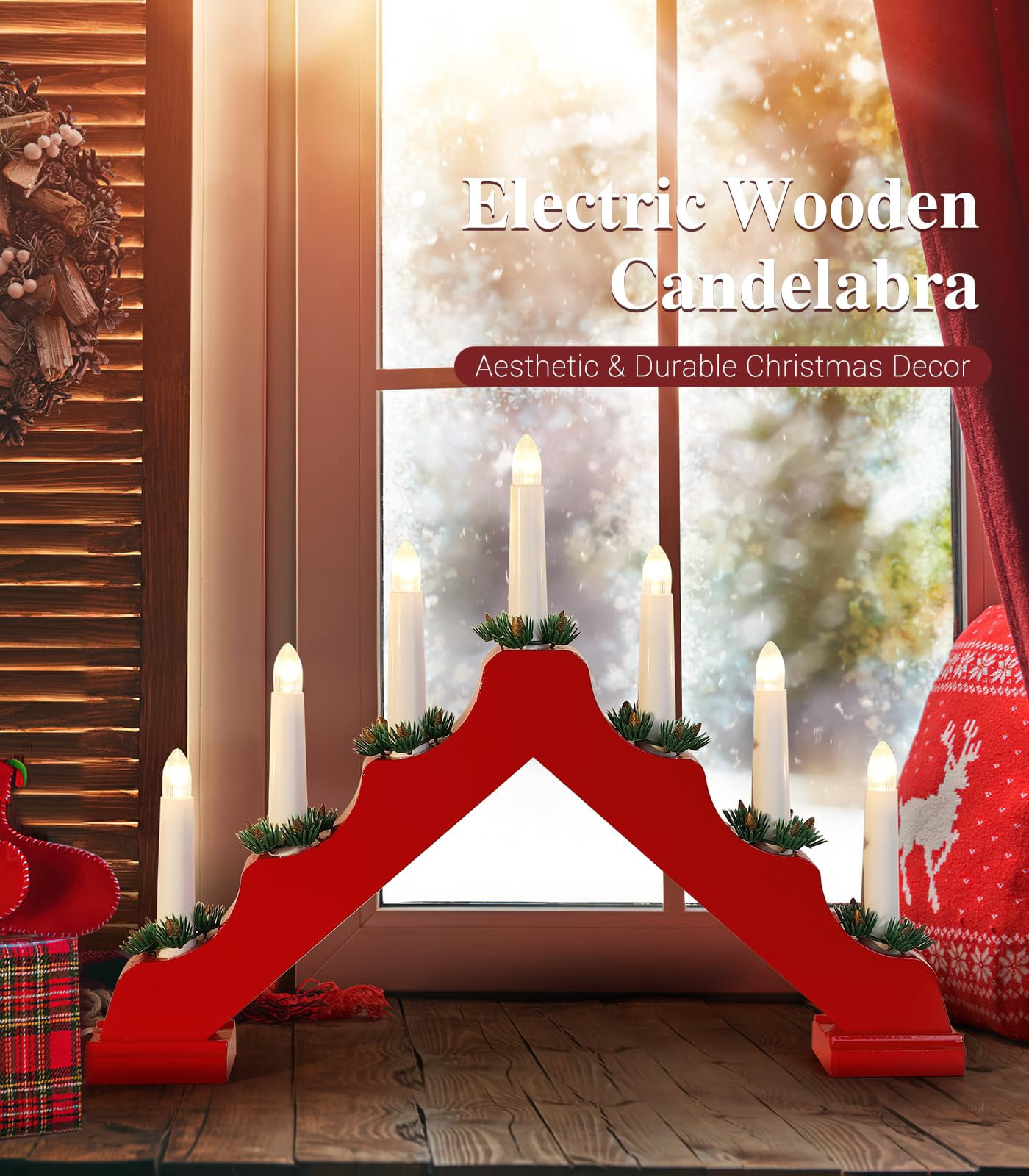 Ttaper Fykuq Christmas Swedish Candelabra, 7 Flameless Taper Candles, Red ...