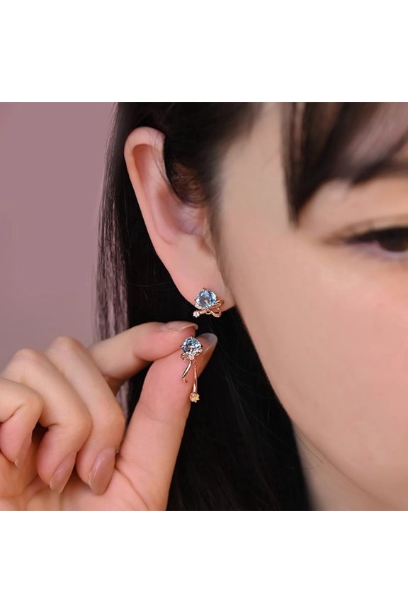 Natural Aquamarine Earrings Female S925 Sterling Silver Blue Spinel Gemstone Bow Asymmetric Earrings(1 pair)