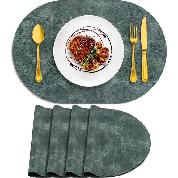 Fykuq Placemats, Heat Resistant Oval Placemats Set of 4 Washable 12 x 17 Inch, Waterproof Table Mats, Wipeable Pu Place Mats for Kitchen, Dining Room, Blue & Green