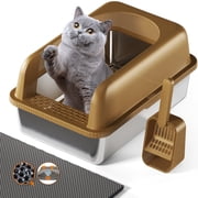 Fylica Stainless Metal Cat Litter Box, Open Top High Sided Litter Box for Multiple Cats, Anti-Leakage, Easy Cleaning, a Scoop, Scoop Holder, Cat Litter Mat Included, Brown