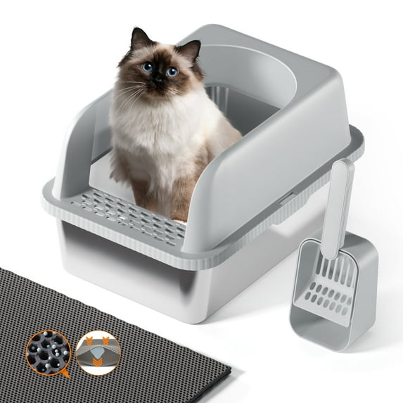 Fylica Stainless Metal Cat Litter Box, Open Top High Sided Litter Box for Multiple Cats, Anti-Leakage, Easy Cleaning, a Scoop, Scoop Holder, Cat Litter Mat Included, Gray