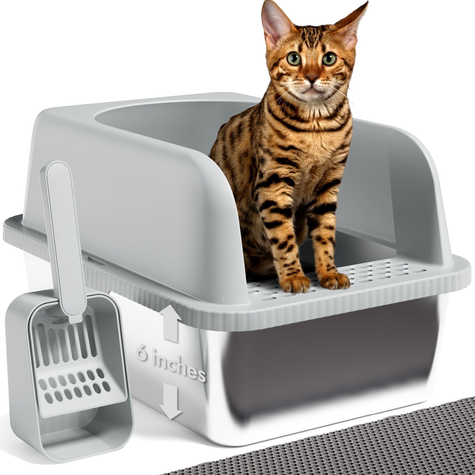Picture of Fylica Jumbo Pan Kitty Litter Box, Stainless Steel, XL Size, High-Sided ...
