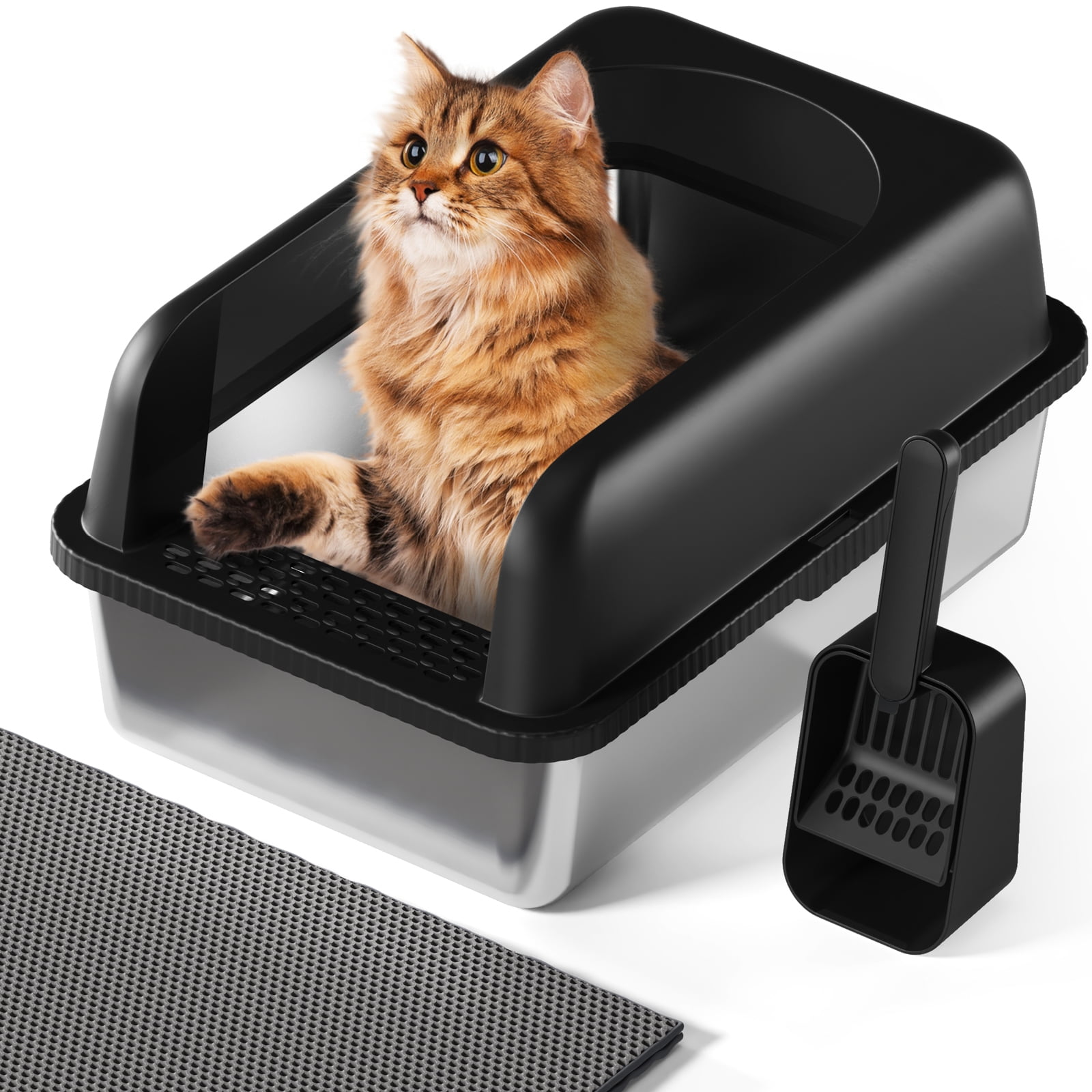 Fylica Stainless Metal XL Extra Large Cat Litter Box, Open Top High Sided Litter Box for Multiple Cats, Anti-Leakage, Easy Cleaning, a Scoop, Scoop Holder, Cat Litter Mat Included,Black