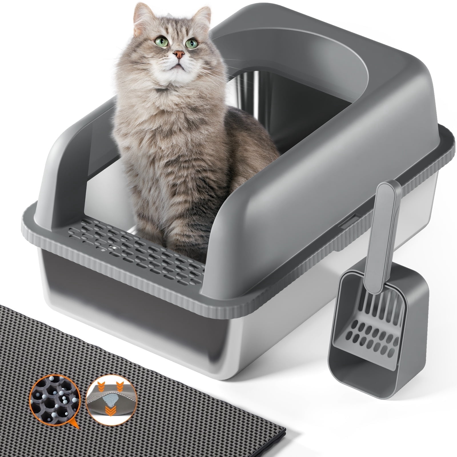 Fylica Stainless Metal XL Extra Large Cat Litter Box, Open Top High Sided Litter Box for Multiple Cats, Anti-Leakage, Easy Cleaning, a Scoop, Scoop Holder, Cat Litter Mat Included,Dark Gray