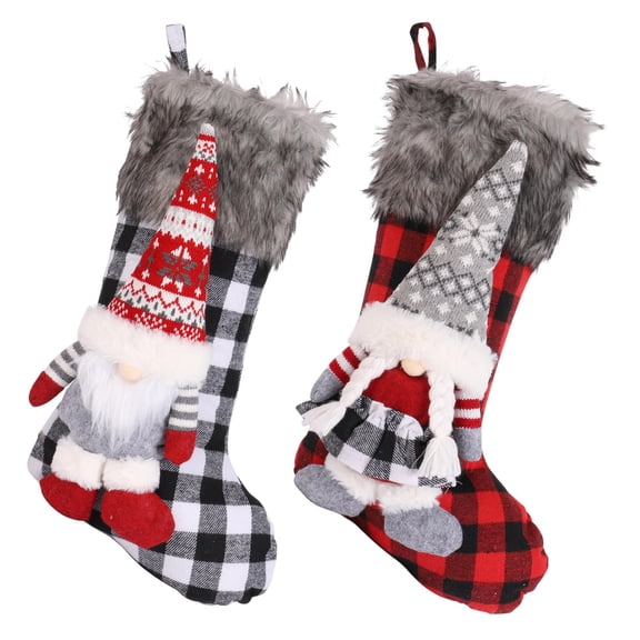 Fymall 2pcs Plaid Christmas Gnome Stockings, 19 Inch Large Size Fireplace Hanging Stockings with Plush Cuff, 3D Gnomes Ornaments Candy Gift Bags for Home Decor