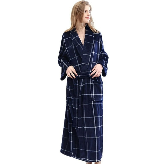 Fymall Women Men Long Robe Soft Warm Flannel Robe Bathrobe Nightgown