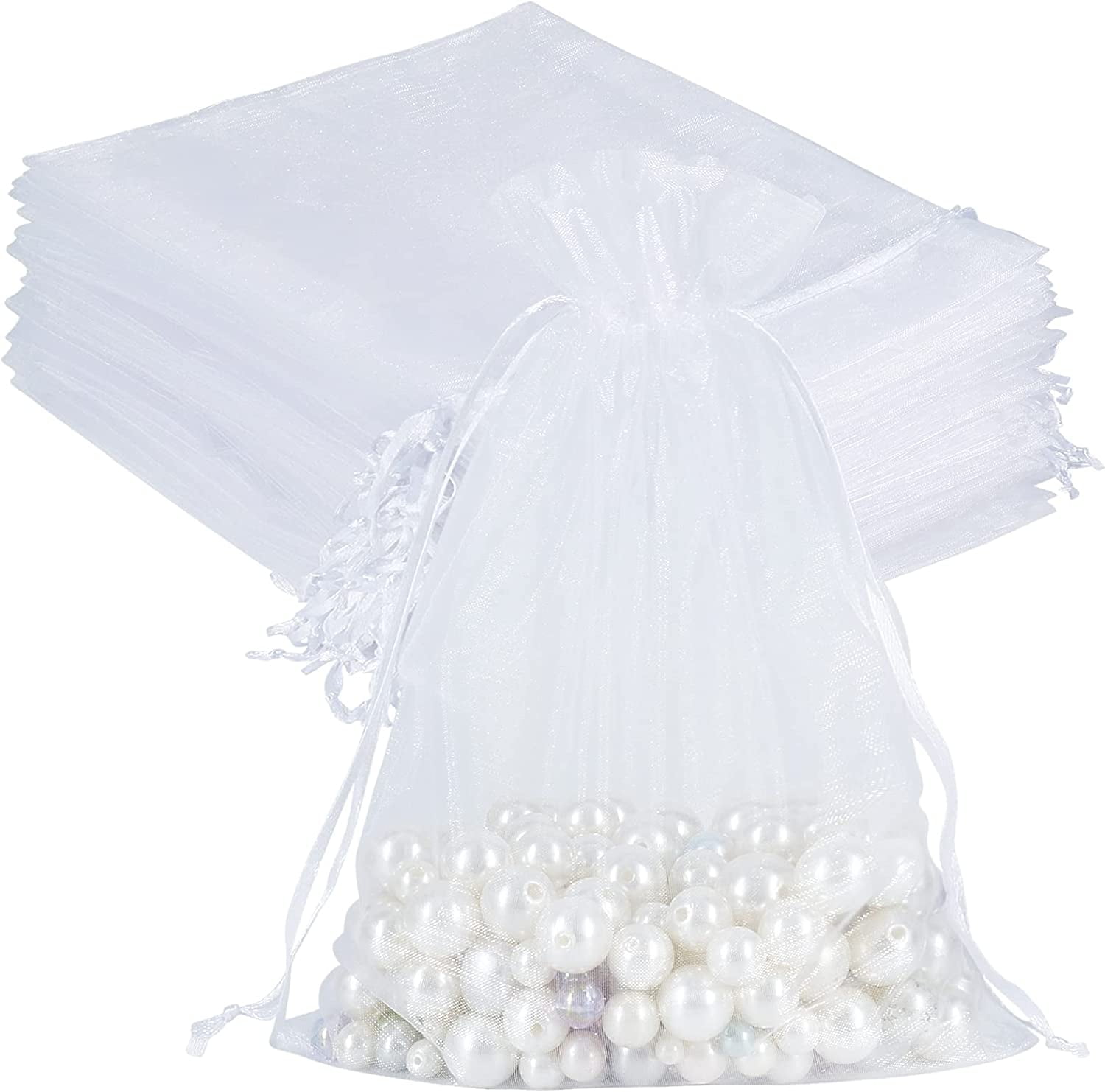 Fymlhomi 100pcs Sheer Organza Bags White, 6 x 9 inches Christmas Wedding Shower Party Favors Gift Drawstring Bags Large Mesh Jewelry Pouches