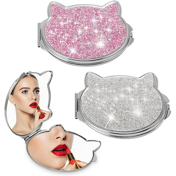 Fymlhomi 2 Pcs Pocket Small Compact Mirror, Folding Mini Purses Metal Double Sided Mirror Little Cute Kawaii Cat Makeup 2X 1X Magnifying for Women Girls Kids