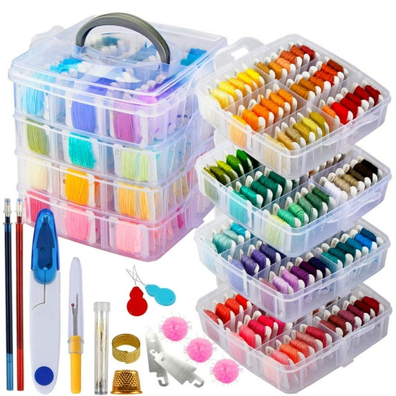 Fymlhomi 262 Pack Embroidery Thread Floss Set Including 200 Colors 8 M/Pcs Cross Stitch Sewing Thread with Floss Bins and 62 Pcs Cross Stitch Tool,4-Tier Transparent Storage Box