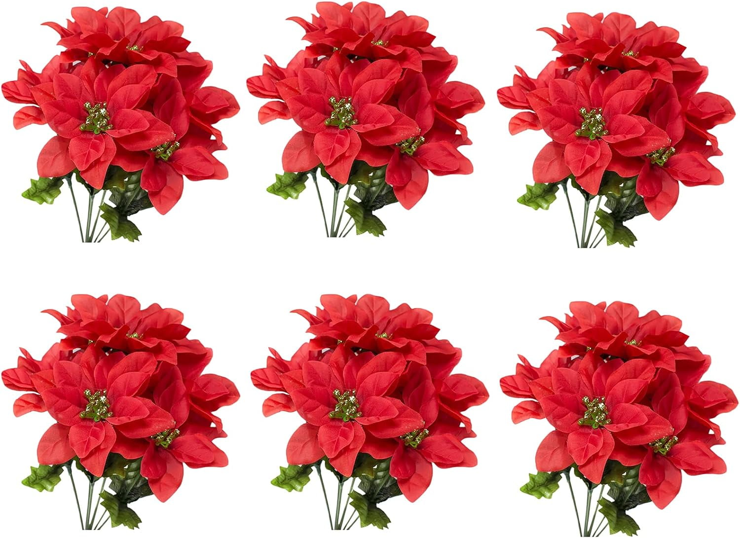 Fymlhomi 6 Pack Artificial Poinsettia Bushes,13.8 Inch Faux Red 7 Stems Velvet Poinsettia Floral for Indoor Outdoor Christmas Tree Ornament Home Porch Decorations