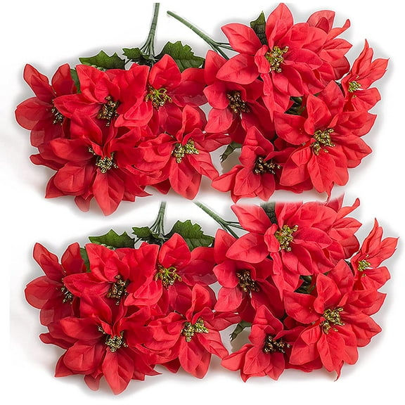 Fymlhomi Artificial Poinsettia Bushes, 4 Pack 7 Heads Silk Fabric Christmas Red Poinsettia Bushes, Artificial Poinsettia Bouquet Poinsettias Flowers for Xmas, 35cm/13.8in