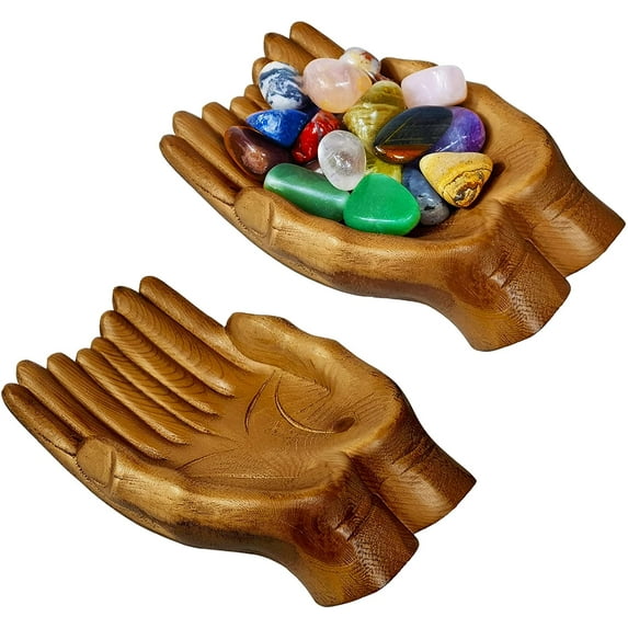 Fymlhomi Crystal Display Crarved Hand Shaped Crystal Holder, Crystal Shelf Wooden Key Bowl