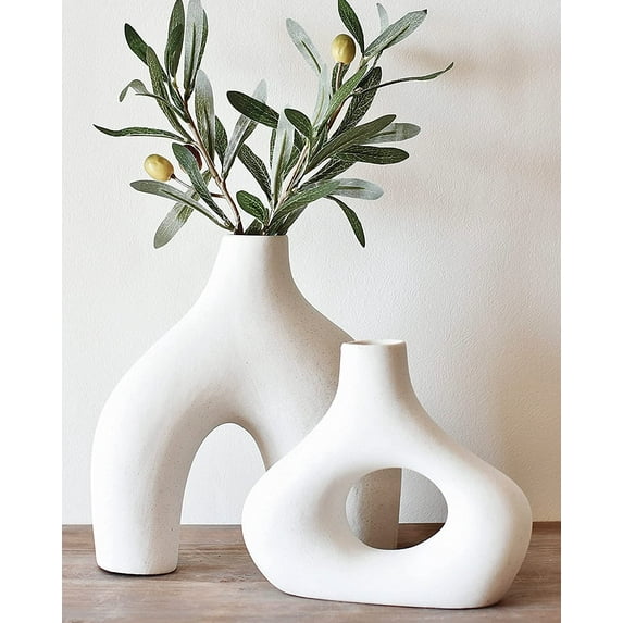 Fymlhomi Donut Vase, Set of 2 - Minimalist Nordic Style, White Ceramic Hollow Donut Vase Decor | Table Centerpiece, Boho, Wedding, Living Room, Bookshelf, Office, Modern Home Decor (Warm White)