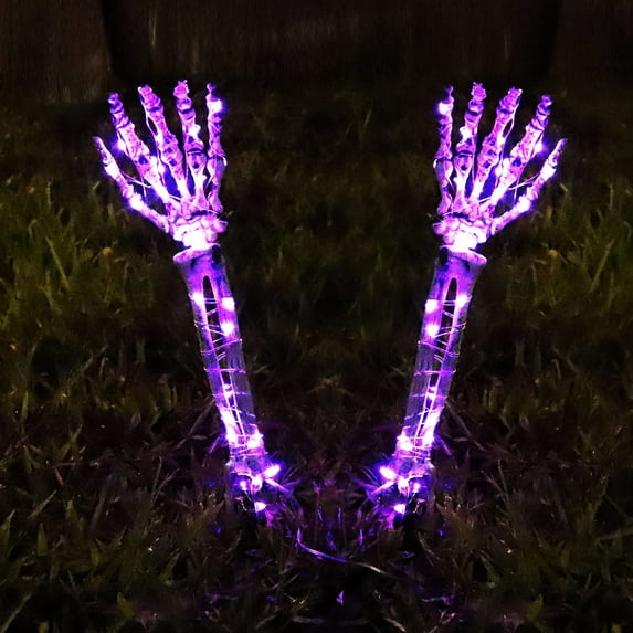 Fymlhomi Halloween Decoration, Lighted Skeleton Arm Stake, 2 Pack Scary Realistic Hands Bone Waterproof Battery Operated, Indoor Outdoor Halloween Ornament - Purple
