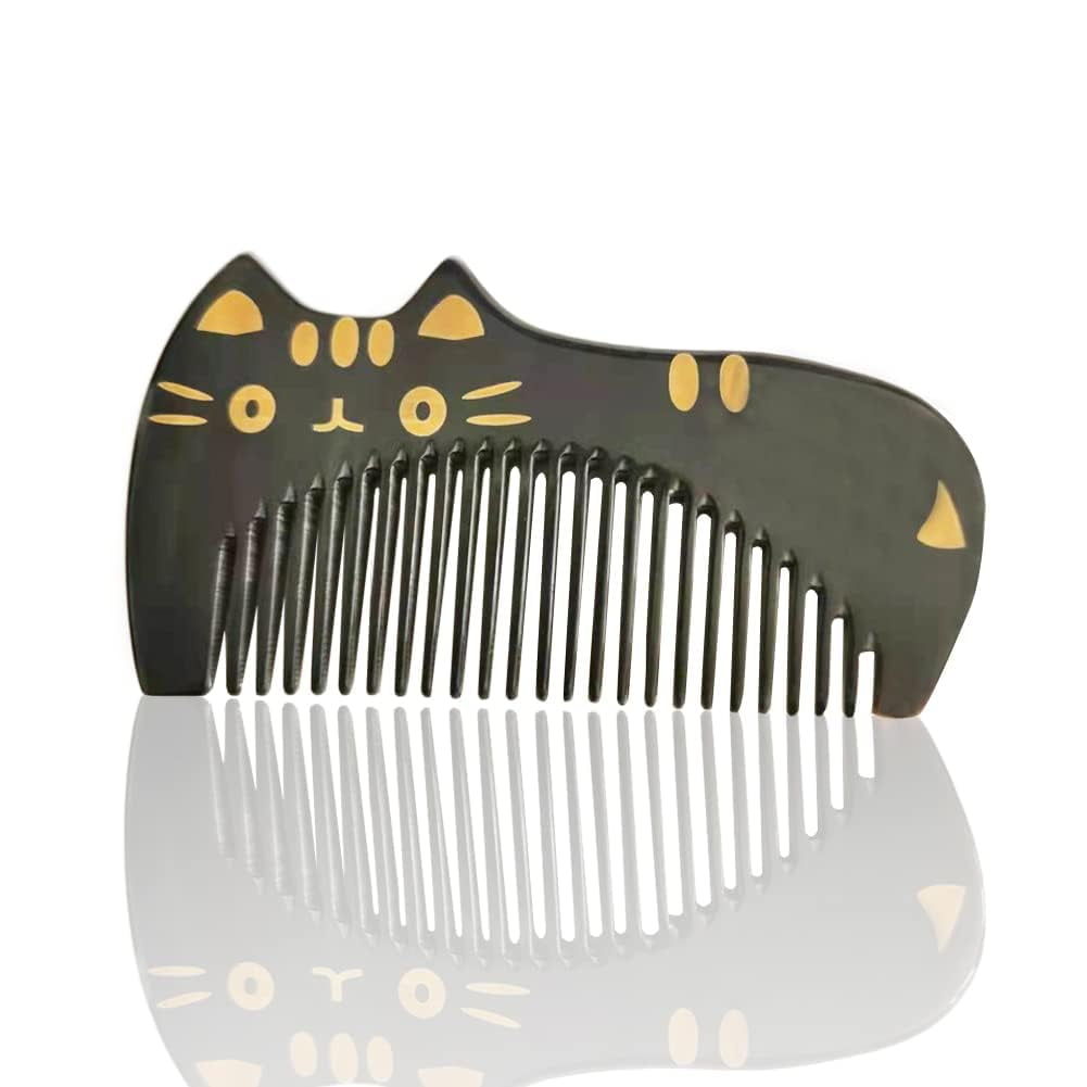 Fymlhomi Natural Cat-shaped horn comb for girls and boys Hairs-100% Handmade Buffalo Comb for Toddler kids-4'' Poket Comb for Man and Woman-Fine Tooth, Small , black