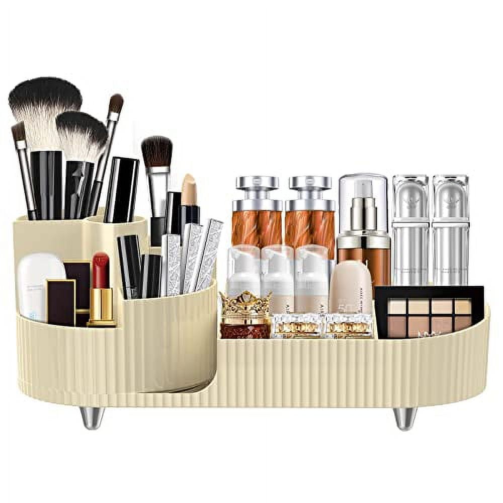 Fymlhomi Rotating Makeup Organizer - Large Vanity Organizer with Makeup Brush Holder for Vanity, Countertop, Bathroom, Cosmetic Display Cases