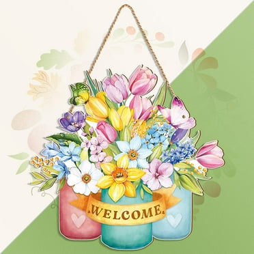 Fymlhomi Spring Door Decor Flower Welcome Door Sign Spring Door Hanger for Front Door Rustic Flower Wall Pediments for Spring Easter Party Outdoor Indoor Front Door Decor(Fresh)