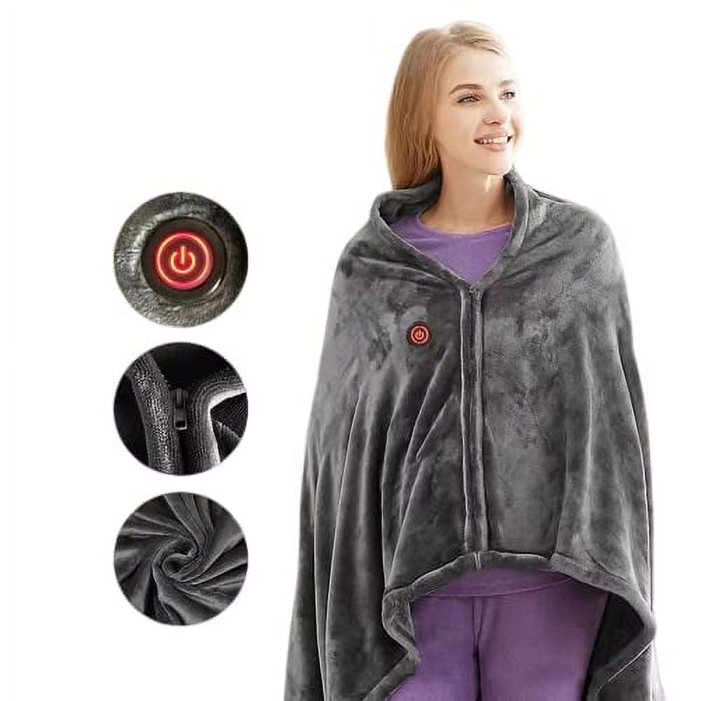 Fymlhomi USB Heated Blanket Wrap, Luxury Flannel Wearable Heated Throw Blanket with Buttons Ultra Warm Heating Neck and Shoulders Shawl for Home Office&Outdoor Use (31.5 * 59in) Grey Electric Blanket