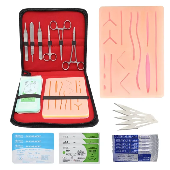 Fyna -20 Pcs Suture Kit With Scissors Needles And Thread Silicon Pad Student Training