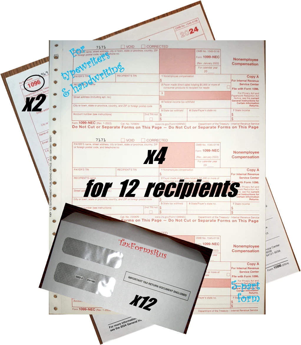 Fyna -2024 Irs Tax Forms Kit:: 1099-Nec Carbonless 12 Recipients +12Envelopes +(2)1096