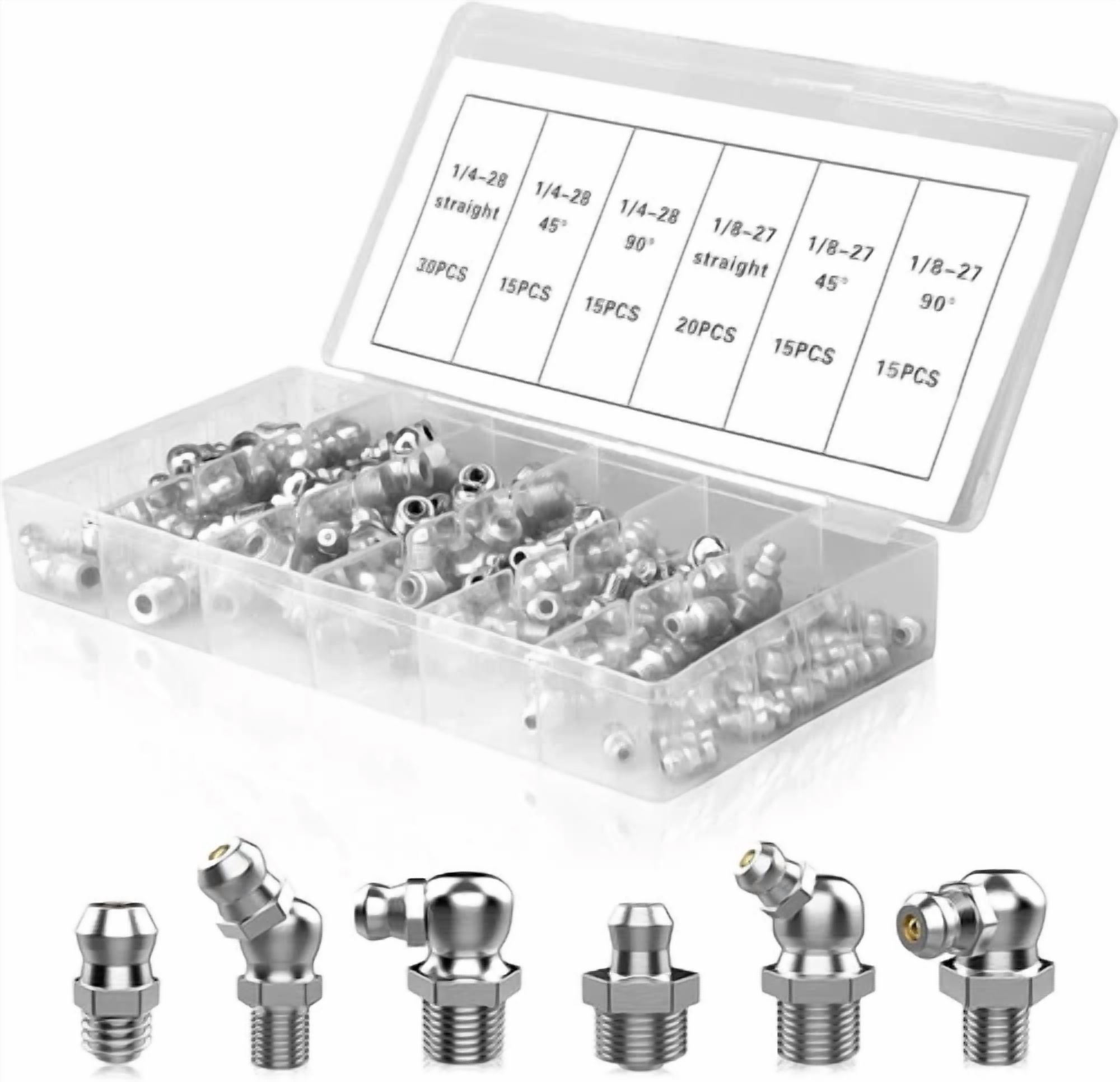 Fyna -Oymlanx 110Pcs Hydraulic Grease Fittings Assortment Kit Sae Zerk Fittings 1/4
