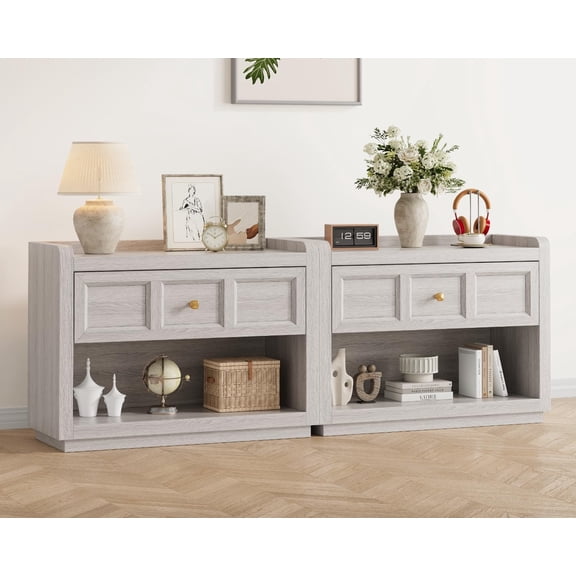 Fynar 31" Nightstands Set of 2, Oversized King Size Night Stand Bedside Table with Large Drawer, Farmhouse End Table with Round Corners for Bedroom Sofa Couch Home Office, Grey White Oak